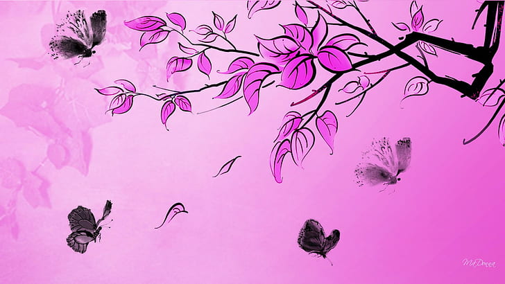 Merah muda dengan kupu-kupu hitam, persona firefox, anggota badan, pohon, cerah, kupu-kupu, musim panas, merah muda, 3d dan abstrak, Wallpaper HD
