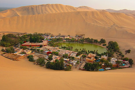 Man Made, Town, Desert, Dune, House, Huacachina, Oasis, Peru, Pond, HD wallpaper HD wallpaper