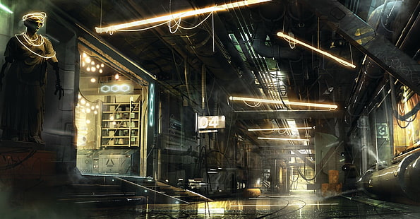 tappezzeria digitale di grande edificio, Deus Ex, cyberpunk, fantascienza, futuristico, videogiochi, Deus Ex: Mankind Divided, Sfondo HD HD wallpaper