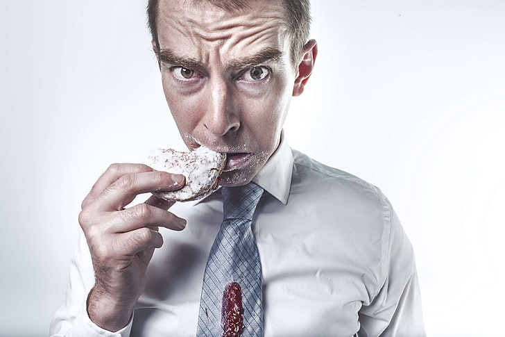 biscuit, businessman, cookie, cracker, delicious, dessert, diet, donut, dress shirt, eat, eating, expression, face, fat, food, guy, hand, hunger, hungry, male, man, meal, messy, nutrition, people, snack, stain, sweet, tasty, HD wallpaper