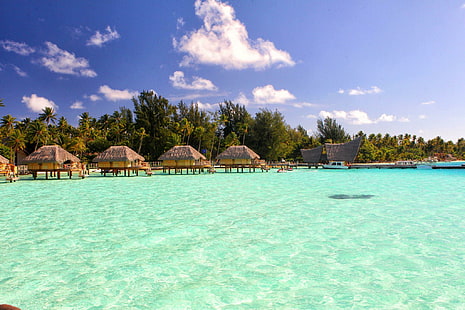 Bora Bora Green Blue Lagoon, bungalow di atas air, tropis, pulau, laguna, hijau, bungalow, pasifik, air, tahiti, polinesia, samudra, bening, bora-bora, Wallpaper HD HD wallpaper
