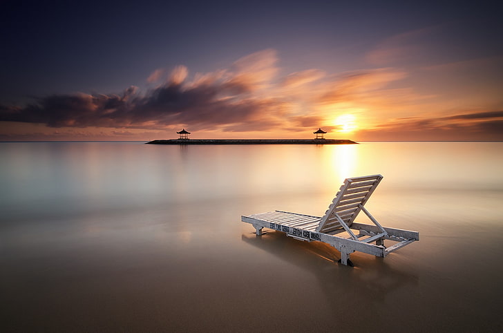 Bali, beach, Chair, clouds, Deck Chairs, Indonesia, landscape, luxury, Motion Blur, photography, sea, sunset, village, water, HD wallpaper