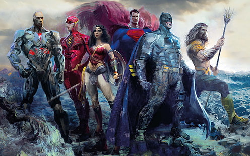 DC Superheroes Justice League digital wallpaper, fiksi, gambar, seni, Wonder Woman, poster, Batman, karakter, komik, Superman, pahlawan super, Komik DC, Cyborg, Aquaman, Justice League, The Flash, Wallpaper HD HD wallpaper