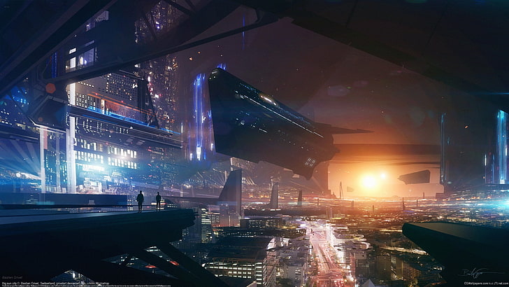 Бастьен, город, будущее, гривет, панорама, космический корабль, закат, HD обои