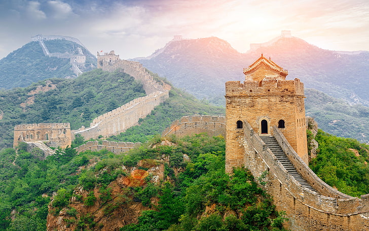 Великая китайская стена, живописные места, солнечный свет, Великая китайская стена, HD обои
