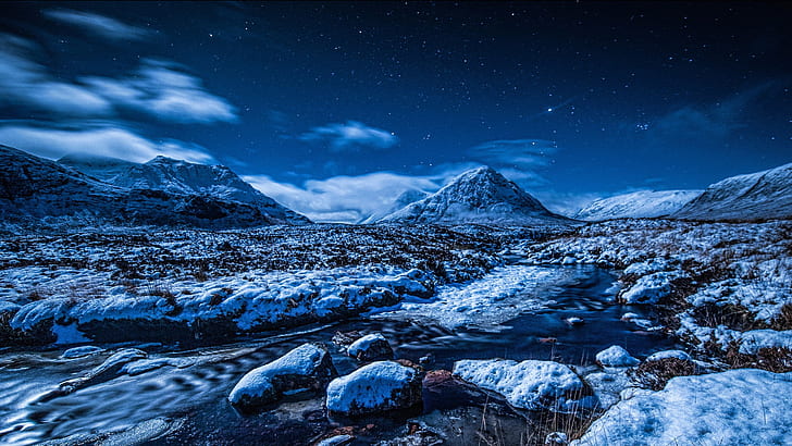 Paysage d'hiver bleu, neige, montagnes, étoiles, ruisseau, nuit, Bleu, hiver, paysage, neige, Montagnes, étoiles, ruisseau, nuit, Fond d'écran HD
