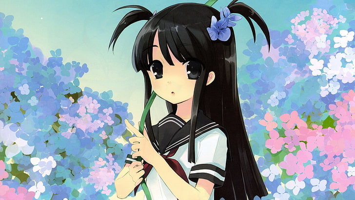 anime, rambut hitam, langit, gadis anime, kawaii, rambut panjang, keren, ilustrasi, Wallpaper HD
