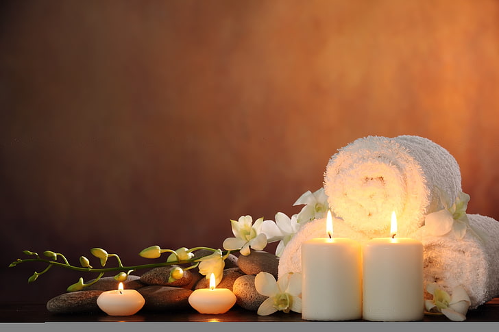two white pillar candles, flowers, candles, Spa, Spa stones, white Orchid, HD wallpaper