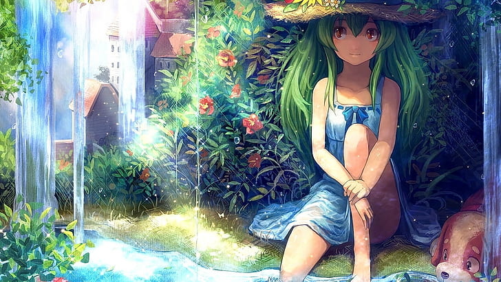 Anime, Anime Mädchen, lange Haare, wegsehen, sitzen, Blumen, HD-Hintergrundbild