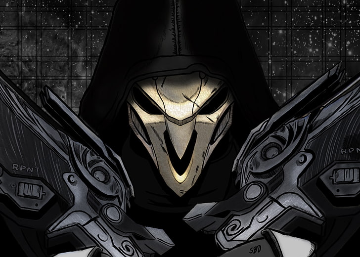 Persona con máscara y sosteniendo la ilustración del pistón, Reaper (Overwatch), Blizzard Entertainment, Overwatch, Fondo de pantalla HD