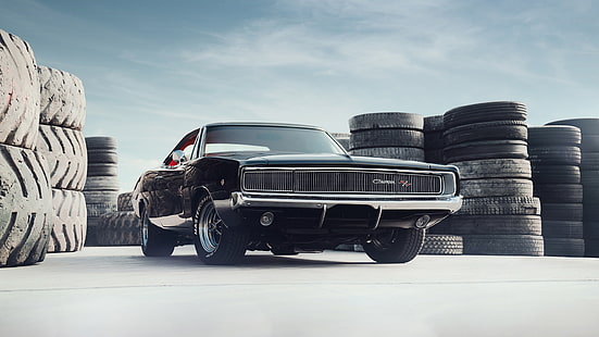 Ładowarka RT, Dodge Charger R / T 1968, samochód, czarne auta, opony, niebo, Dodge, Tapety HD HD wallpaper