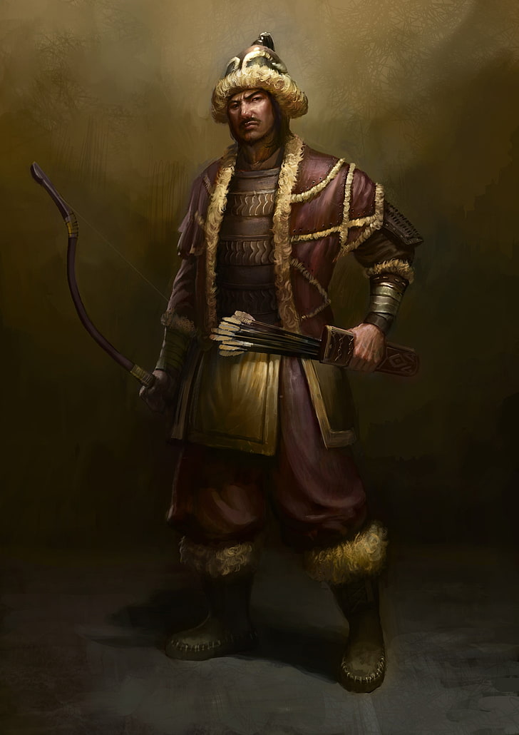 uomo con arco e lance dipinto, antico, vo, guerriero, Genghis Khan, fantasy art, arma, frecce, arco, stivali, guardando spettatore, mongoli, Sfondo HD, sfondo telefono