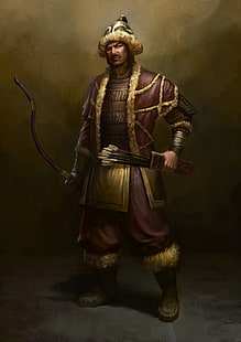 pria memegang busur dan tombak melukis, kuno, tua, pendekar, Jenghis Khan, seni fantasi, senjata, panah, busur, sepatu bot, memandang penonton, Mongol, Wallpaper HD HD wallpaper