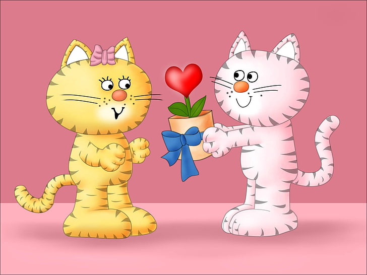 оранжевые и белые кошки иллюстрация, влюбленные, подарок, котики, HD обои