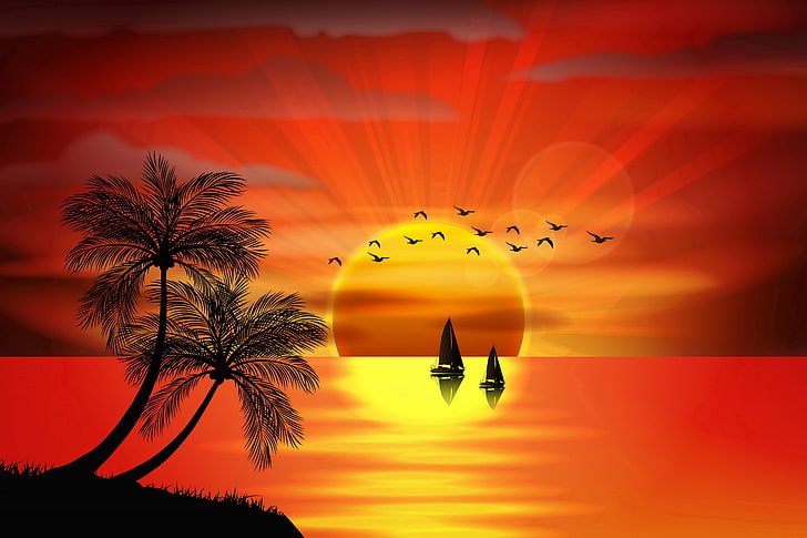 solnedgång på stranden illustration, hav, solnedgång, fåglar, palmer, vektor, ö, silhuett, paradis, palmer, tropisk, HD tapet