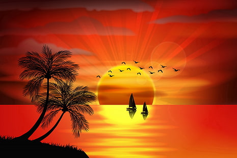 sunset on beach illustration, sea, sunset, birds, palm trees, vector, island, silhouette, paradise, palms, tropical, HD wallpaper HD wallpaper