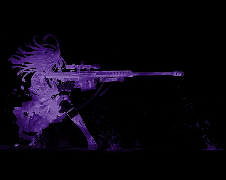 dark, black background, purple, anime girls, gun, sniper rifle, Kozaki Yuusuke, original characters, anime, HD wallpaper
