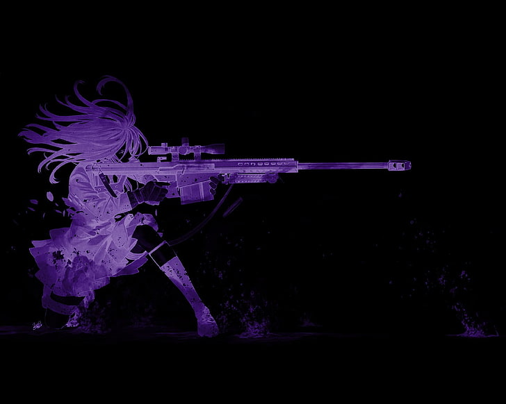 púrpura, personajes originales, pistola, oscuro, Kozaki Yuusuke, rifle de francotirador, anime, chicas anime, fondo negro, Fondo de pantalla HD