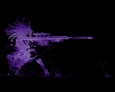 purple, original characters, gun, dark, Kozaki Yuusuke, sniper rifle, anime, anime girls, black background, HD wallpaper HD wallpaper