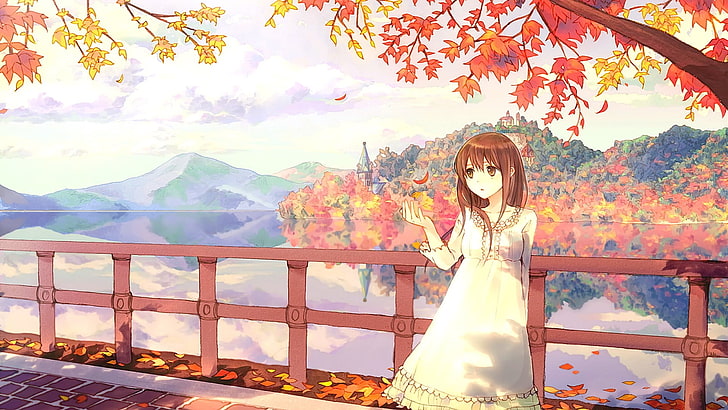 karakter Anime berambut coklat, ilustrasi gadis dekat balkon, anime, anime girls, brunette, rambut pendek, mata cokelat, memalingkan muka, mulut terbuka, musim gugur, pegunungan, langit, awan, karakter asli, Wallpaper HD