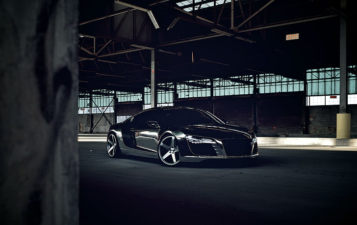 black black Audi R8 coupe, audi, r8, chrome, black, cw-5, matte black, HD wallpaper