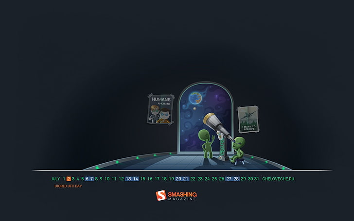 Fondo de escritorio del calendario del Día Mundial de los Ovnis-Julio de 2013 ..., dos extraterrestres mirando hacia el planeta usando un telescopio arte vectorial, Fondo de pantalla HD