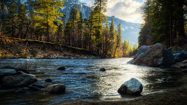 ธรรมชาติน้ำแม่น้ำป่าภูเขาต้นไม้ภูมิทัศน์, วอลล์เปเปอร์ HD