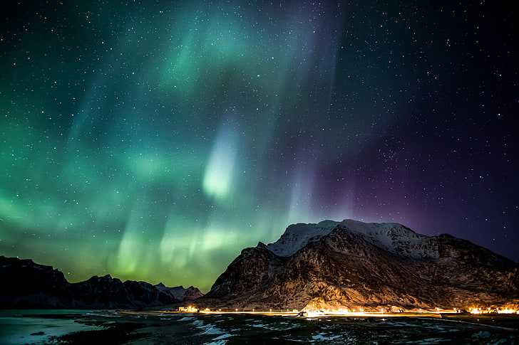 aurorae, stars, night, mountains, lights, snowy peak, HD wallpaper