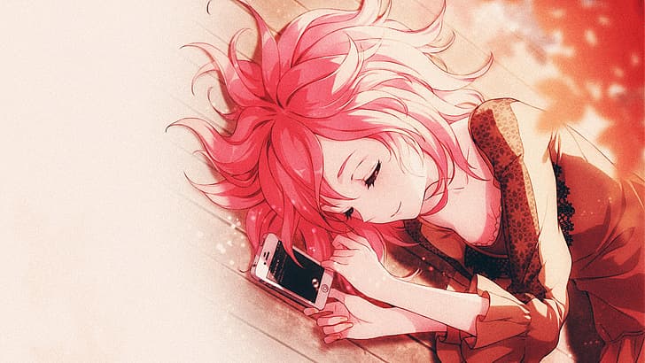 Cellphone, anime girls, pink hair, lying on side, closed eyes, closed  mouth, HD wallpaper | Wallpaperbetter