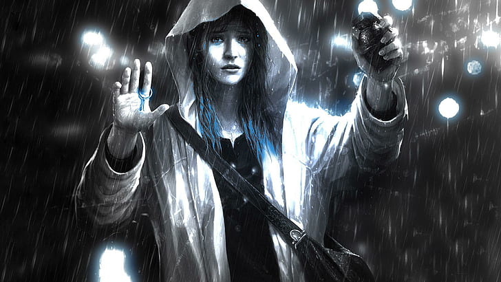 Gadis memegang granat, wanita berambut biru dengan poster hoodie, fantasi, 1920x1080, hujan, wanita, hoodie, granat, Wallpaper HD