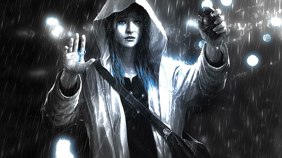 Chica sujetando una granada, mujer de pelo azul con póster con capucha, fantasía, 1920x1080, lluvia, mujer, sudadera con capucha, granada, Fondo de pantalla HD HD wallpaper