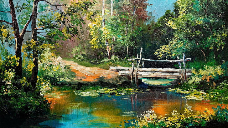 painting, pond, wooden, bridge, trees, forest, landscape, painting art, canvas, footbridge, HD wallpaper