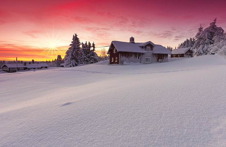 dark-brown wooden house, winter, the sun, snow, landscape, nature, house, dawn, beauty, Norway, Lillehammer, HD wallpaper