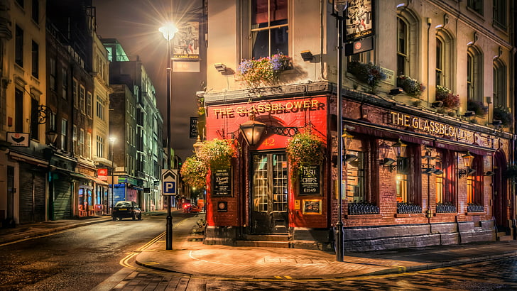 night, london, pub, street, soho, great britain, united kingdom, city, evening, road, HD wallpaper