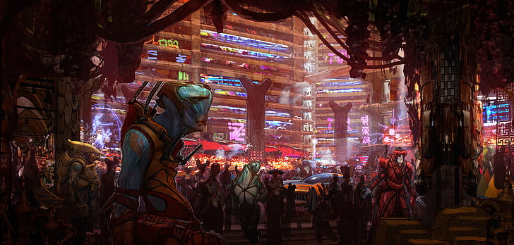 Valerian dan Kota Seribu Planet, mobil konsep, Pasar Besar, alien, keramaian, Ben Mauro, penuh warna, fiksi ilmiah, Wallpaper HD