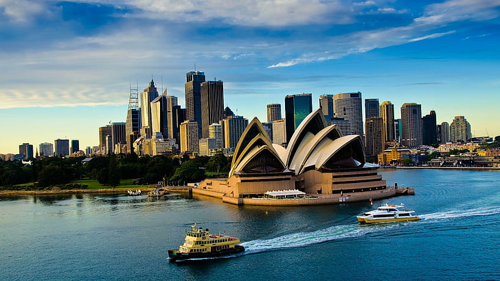 woda, opera, port, turystyka, wieżowiec, Australia, śródmieście, dzień, statki, pejzaż miejski, metropolia, Sydney, drapacz chmur, niebo, opera w Sydney, miasto, sylwetka na tle nieba, Tapety HD