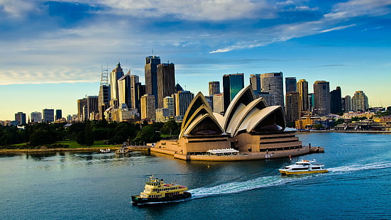 水、オペラハウス、港、観光、タワーブロック、オーストラリア、ダウンタウン、昼間、船、都市景観、大都市、シドニー、高層ビル、空、シドニーオペラハウス、都市、スカイライン、 HDデスクトップの壁紙 HD wallpaper