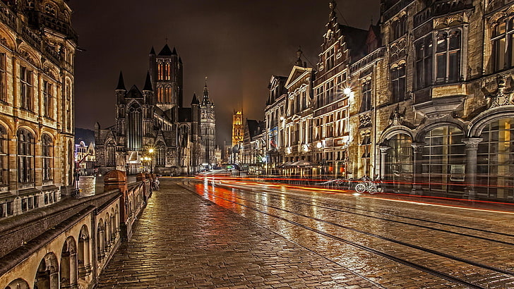 المباني الشاهقة ، المدينة ، الليل ، بلجيكا ، جنت، خلفية HD