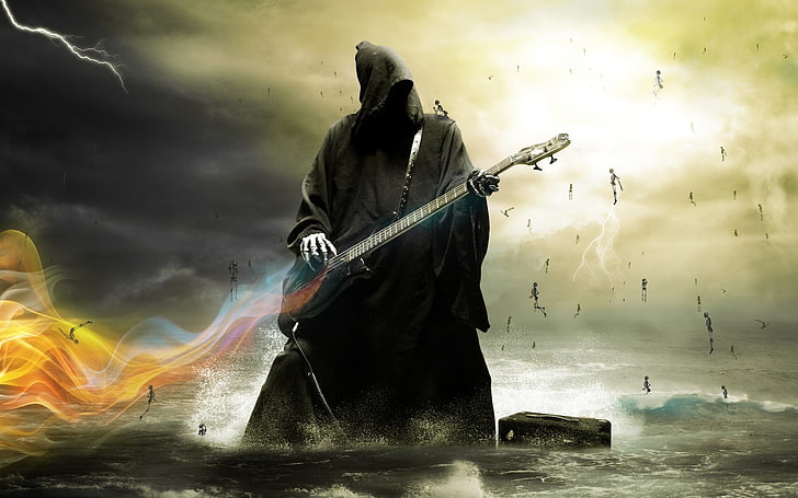 szkielet grający na gitarze cyfrowa tapeta, ponury żniwiarz grający na gitarze z efektami płomienia, gitara, śmierć, szkielet, gitary basowe, kostucha, woda, piorun, morze, Tapety HD