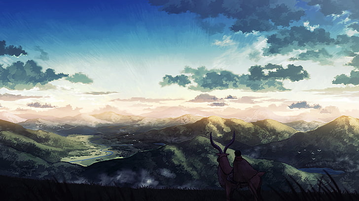 анимационный персонаж верхом на животной иллюстрации, студия Ghibli, принцесса мононоке, ашитака, мононоке, якуру, пейзаж, аниме, HD обои