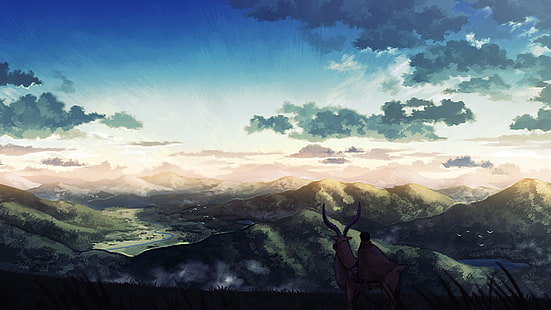 animated character riding animal illustration, Studio Ghibli, Princess Mononoke, Ashitaka, Mononoke, Yakuru, landscape, anime, HD wallpaper HD wallpaper