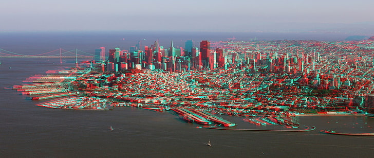 zdjęcia lotnicze budynków miejskich, miasto, anaglif 3D, San Francisco, Tapety HD