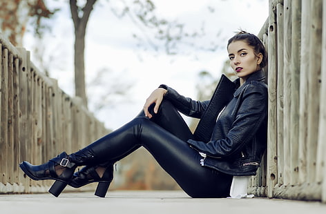 urban, high heels, leather, women, model, looking at viewer, leather jackets, HD wallpaper HD wallpaper