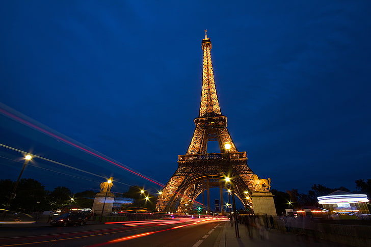 Eiffel Tower, Paris, road, night, the city, people, France, Paris, excerpt, Eiffel Tower, La tour Eiffel, HD wallpaper