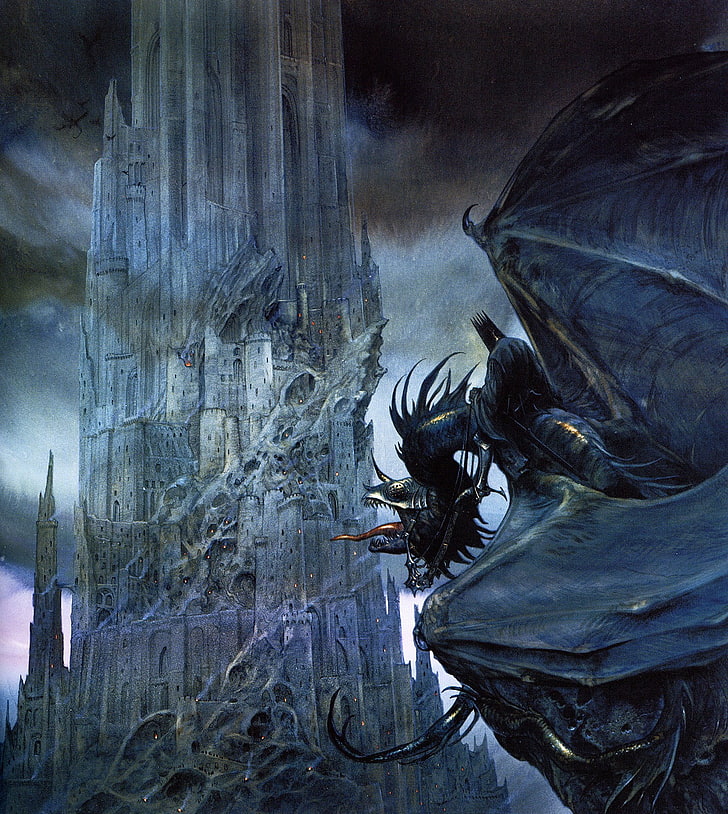 The Lord of the Rings black dragon illustration, Nazgûl, Black Tower, The Lord of the Rings, John Howe, fantasy art, HD wallpaper