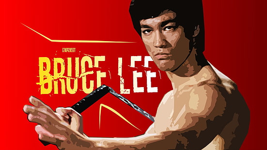 Skådespelare, Bruce Lee, Skådespelare, Kung Fu, Nunchucks, Porträtt, Röd, HD tapet HD wallpaper