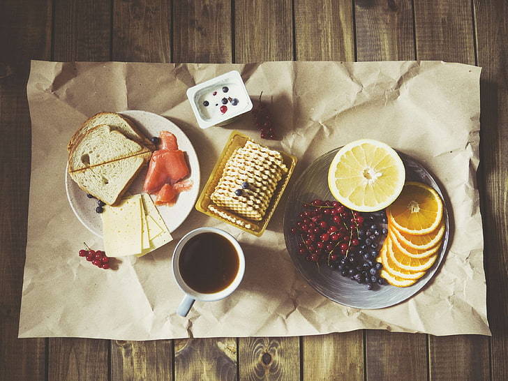 berries, blueberries, bread, breakfast, cheese, coffee, cup, delicious, food, fruits, grapefruit, healthy, orange, plates, salmon, tasty, waffles, HD wallpaper