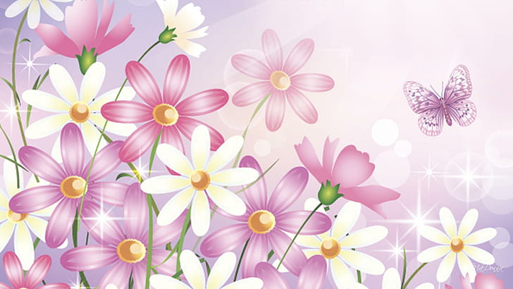 More Spring Wildflowers, spring, gerberas, pastel, lavender, butterfly, pink, flowers, daisy, 3d and abstract, HD wallpaper