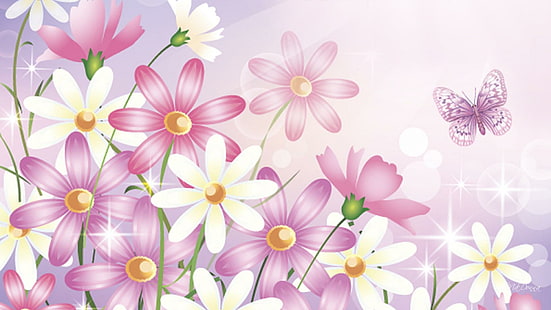 더 많은 봄 야생화, 봄, 거베라, 파스텔, 라벤더, 나비, 핑크, 꽃, 데이지, 3d 및 초록, HD 배경 화면 HD wallpaper