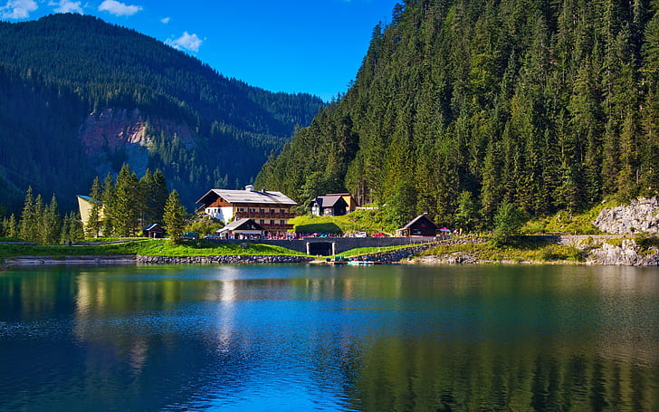 Alps, mountains, trees, lake, house, nature greenery, Alps, Mountains, Trees, Lake, House, Nature, Greenery, HD wallpaper